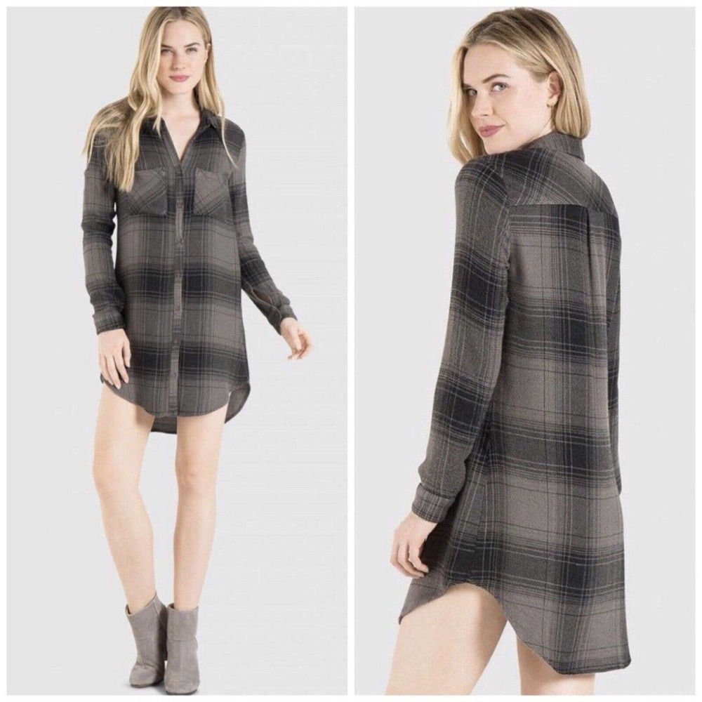 Anthropologie Bella Dahl Grey Plaid Shirt Dress Size XS